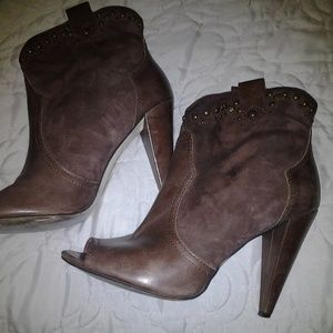 Reba Brown peep-toe suede/leather booties